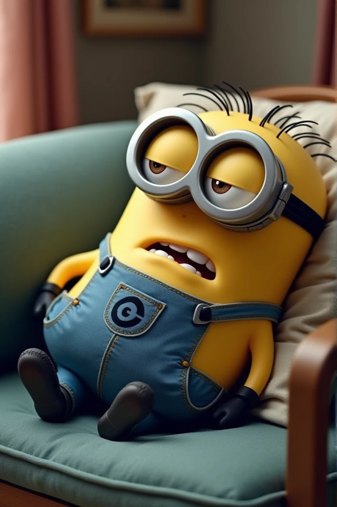 A Minion snoring , with eyes closed , sitting on the furniture of a house
