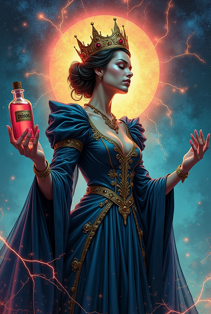 Elegant graffiti inscribed queenpoison , background galaxy electric lightning illustrated beautiful queen wearing crown holding bottle inscribed poison