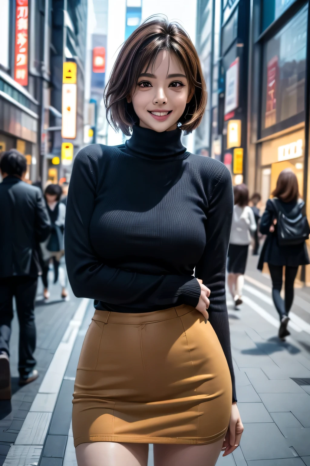 a J-pop idol wearing a turtleneck sweater, (((masterpiece))), ((Highest quality)), ((Complex)), ((surreal)), Bakares, (Mature Woman), ((peerless)), Very detailed, 1 girl, ((Big Breasts)), Beautiful and detailed, Brunette Short Hair, Brown eyes, (turtleneck:1.2), (Tight Skirt), ((Thighs)), (background: underground), Detailed background, choker, Perfect Eyes, Captivating eyes, Looking at the audience, from before