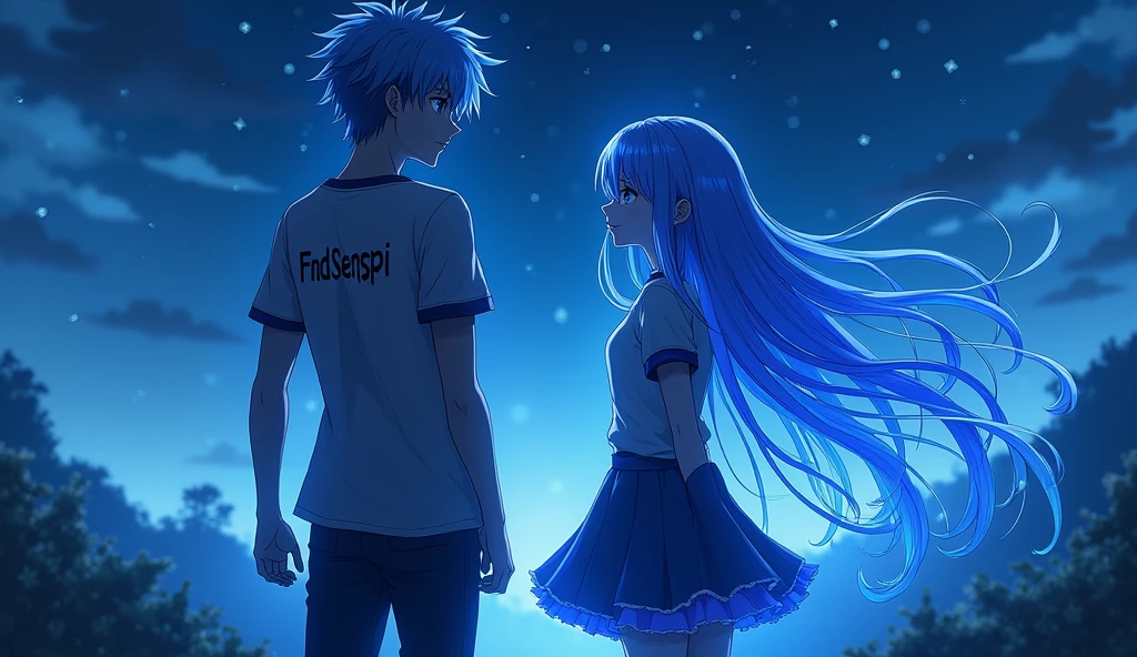 make an anime guy with blue glowing hair and name FndSenpai on his shirt
next to her make an anime girl with blue glowing hair named INDAH on her shirt
give a blue ray to her hair
blue glowing landscape background
