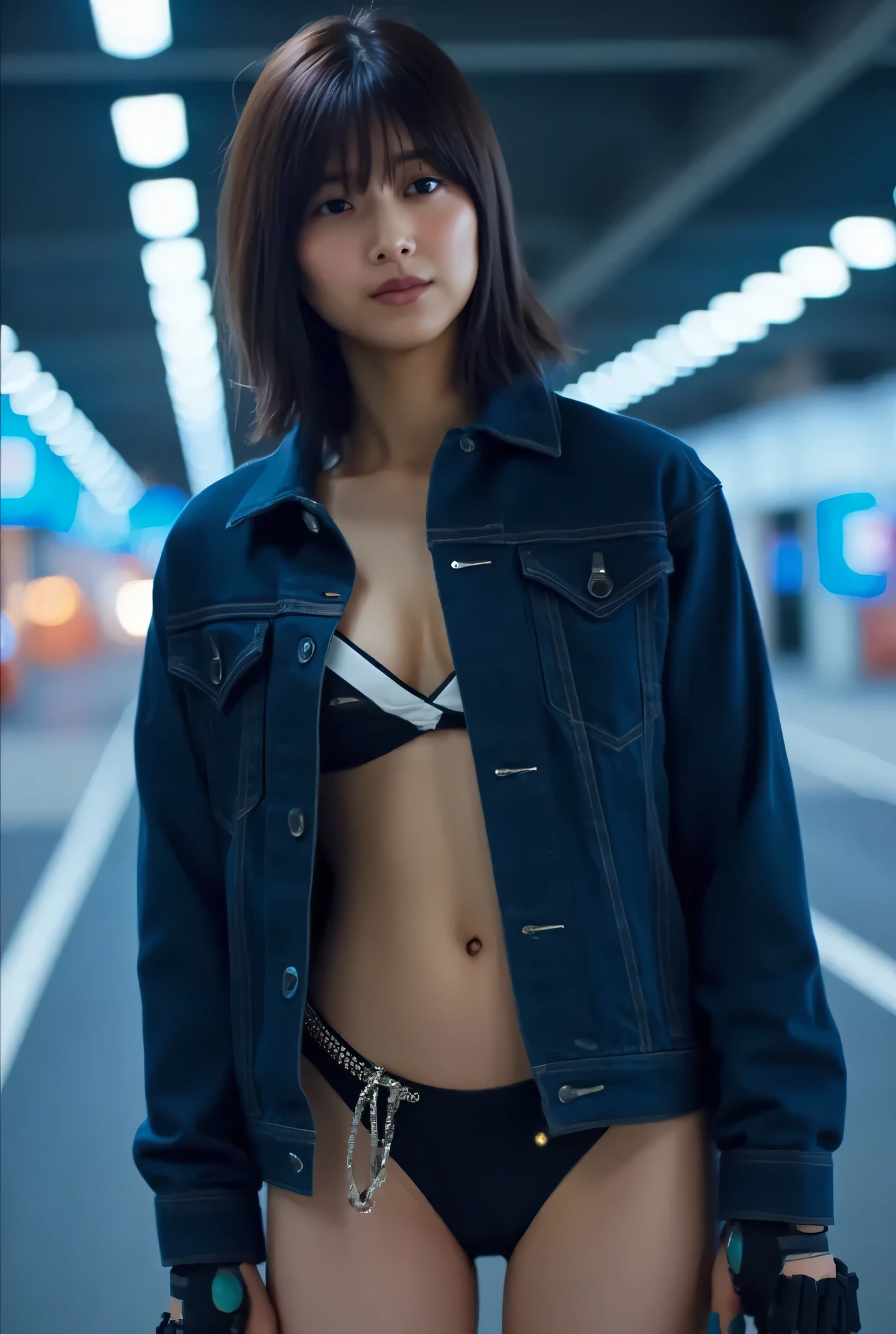 ( one woman),(((masterpiece:1.5))),( top quality:1.5),( high resolution:1.5),(UHD:1.5),( movie lights:1.5),( Delicate Depiction),(( carefully depict limbs based on perfect anatomy)),( carefully drawn with butterfly wings ))),8k, cute face,Beautiful well-balanced face ,( 20 year old Japanese woman), professional photoshoot, Realistic,Genuine,( Glamorous Shots of Japanese Women ),((Navy blue futuristic SWAT troop style jacket :1.9)),((Wear a jacket with an open front when naked:1.9)),((((naked:1.5)))),(( has no pubic hair:1.8)),(((naked body:1.9))),(( earphones:1.5)),(((Tactical Holster:1.5))),( gloves:1.5), full body shot , ultra detail,超 high resolution, Draw eyelashes carefully, (( perfect body line )),(( Ideal Proportions )), realistic skin texture on the beach,( long hair with bangs :1.5),( black hair:1.5),( beautiful eyes:1.3),( very detailed face :1.5),(( very detailed drawing of a woman's hand:1.5)),(( muscularity:1.5)),(( pussy not wearing panties :1.3)),Hairless crotch,(Sexy appearance:1.5),(( big breasts:1.5)),( Protruding Nipples),(((Bare thighs:1.8))),((Voluptuous thighs:1.5)),( beautiful body:1.5),Anime-like glamorous body ,((Very sensual:1.5)),Women with Ideal Body Lines ,(((Pussy not wearing panties )),(A dark, futuristic warehouse:1.5),( cyberpunk vibe :1.5),((( Blurry Backgrounds :1.5)))