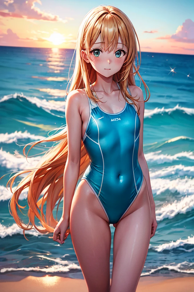 1 beautiful girl  slim, Small Long Swimsuit,  sea waves beach summer sunset, UHD,  masterpiece,  anatomically correct , Detalles altos, High Resolutions,  The best quality, Super detail, 8K