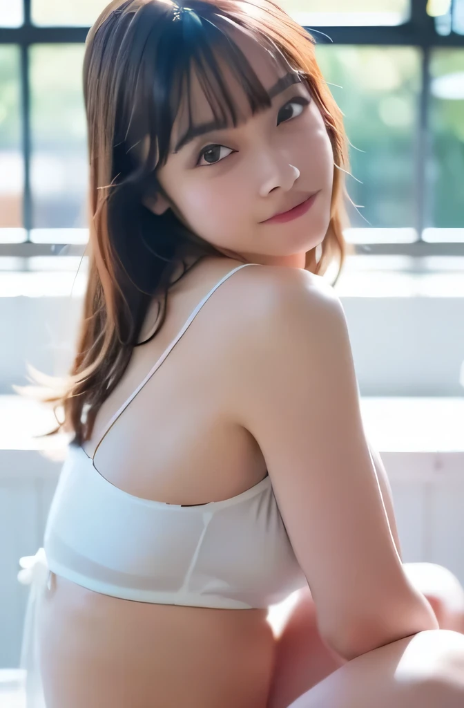 NSFW, 1 girl in、 (14years:1.3),A dark-haired、The long-haired、large full breasts, cleavage、curvey, Shoulders exposed, (delicate illustration:1.4)、(masterpiece:1.0)、(top-quality:1.4)、(超A high resolution:1.2)、(Photorealsitic:1.4)、(8K、Raw photography:1.2)、(softfocus:1.4)、 (foco nítido:1.4)、full body Esbian、Ultra-detailed face, Smiling, Wet face, (Loose fit), In the greenhouse、Surrounded by flowers、all-fours、On the yoga mat、illuminated by the sunlight、captured from behind, white see-through slip, White see-through camisole, White see-through tank top, White sexy panties, White see-through panty, White string panties,
