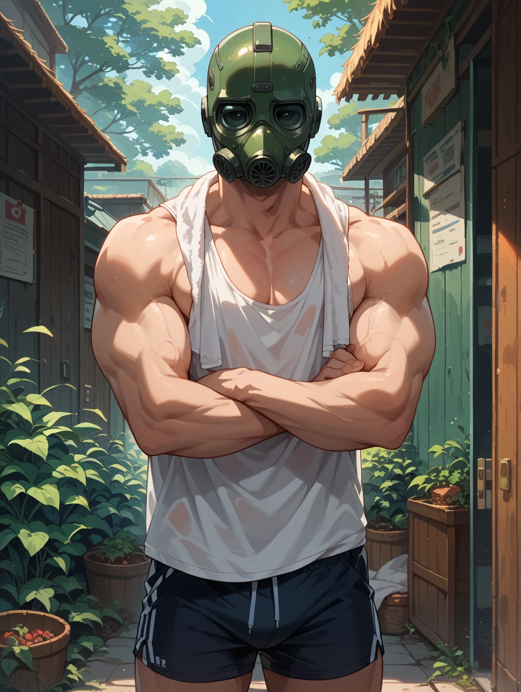 a man in a gas mask stands in the dark, the whole face is shrouded in plants, torn clothes, postapocalyptic style