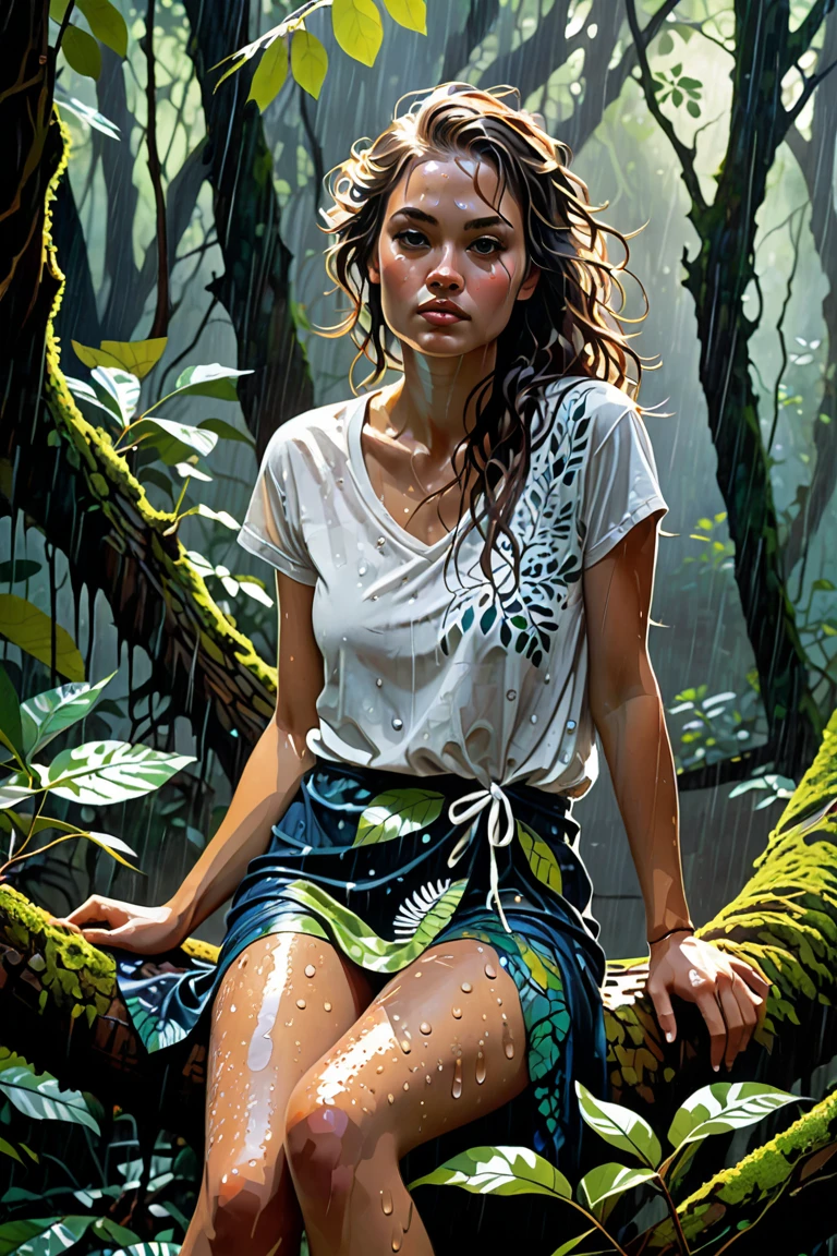 (best quality:1) , (masterpiece:1), (ultra detailed:1), photorealism, (cute sporty girl, young, barely legal, tanned skin), ((oversized loose very thin sheer crop shirt with plunging neckline and boxers, short, wide neckline, deep neckline, random colors)), (cozy cabana, outdoor, tropical ressort after a sunbath, wet), ((medium perky breasts, small hips, detailed face, long natural welled hair, some tattoos)), moody atmosphere, intricate details, at night, random pose, backlit, full body shot
