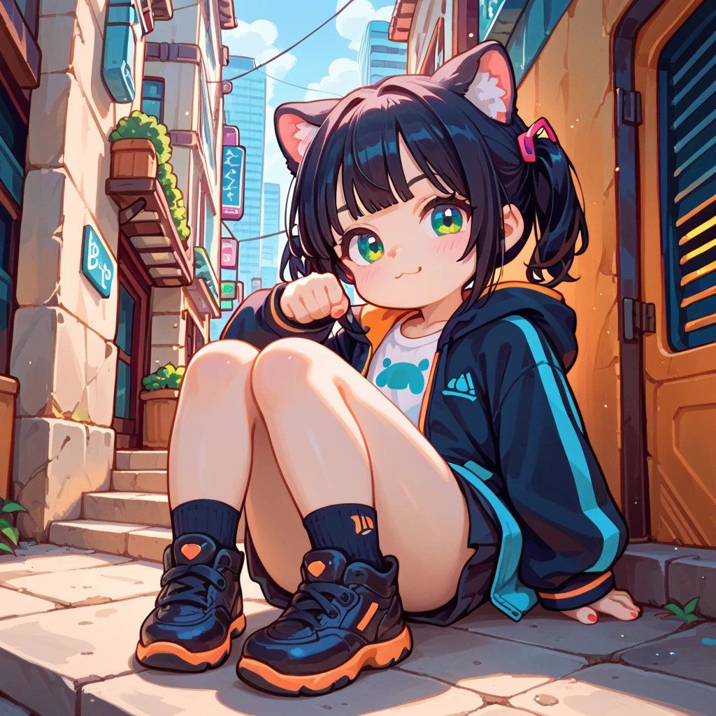 "A young girl with bright black hair , bright skin, and the soft expression , wearing future clothing .  The girl sitting , black shoes .  The background is plain black ,  paw pose , gives full focus to the character of the girl ,cute chibi."