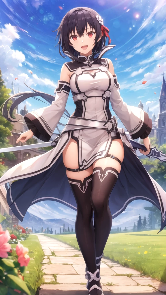 masterpiece, best quality, girl, solo, looking at viewer, anos_voldigoad, black hair, red eyes, large , Sword art online cosplay, white dress, detached sleeves, blue thighhighs, standing, outdoors, smile, open mouth