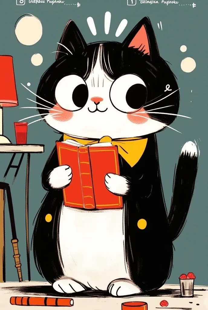   has a black and white cat holding a book with a title,  Itagaki Yoshio's storybook illustration  , Tumblr contest winner ,  Magical realism , Poisonous cat ,  cute anime-style cat , illustration of a cat, Intellectual Cat , An anthropomorphic cat,   next to the cat  , 燕尾服猫, Anthropomorphic cats