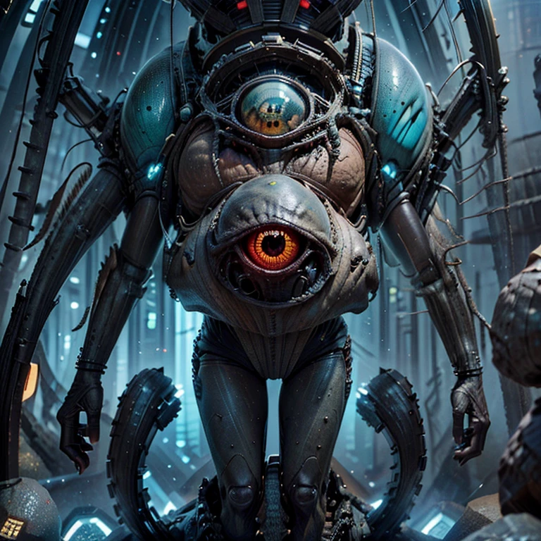 full body image, one eyed，main body：Alien monsters，Wreak havoc on an unknown planet，Exudes an aura of terror。
enviroment（Background with）：Unknown planet，Bizarre plants and buildings are scattered around，Full of technology and unknown。
Quality style：scifi style，Focus on the use of exaggerated and futuristic elements，Bring a strong sci-fi atmosphere to the audience。
illuminating：Use colorful glows and shadows，Highlight the horror images of alien monsters。
color：Mainly cool colors，The skin of the alien monster and the colors of the unknown planet complement each other，It presents a sense of technology and the unknown。
sentiment：terroral、thriller，It conveys the shock and horror of alien monsters raging on unknown planets。
composition：Adopt a composition with an elevation perspective，Place the alien monster in the center of the picture，Set against the backdrop of unknown planets and exotic plants，Enhance the exotic and technological features of alien monsters。
peculiarity：The alien monster has glowing eyes，There is a terrifying light，Its antennae and limbs possess extraordinary strength and perception。
the detail：Every texture of an alien monster、Skin texture and movement are depicted in detail，Creates a strong sense of realism