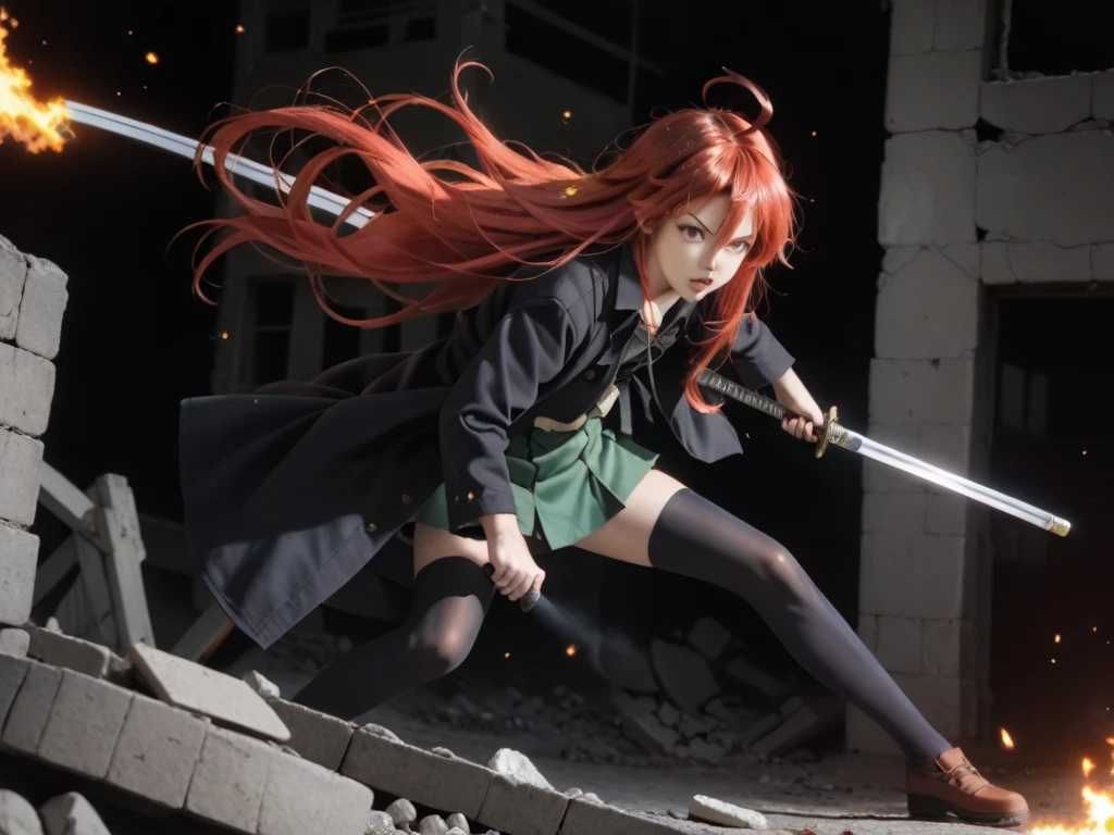 1 girl, cowboy shot, rubble ruins,a little anger, (battle preparation:1.2), open your mouth, (night:1.2), explosive inflammation,shana, red eyes, redhead, very long hair, hair between eyes, (Ahoge:1.1), explosive flame,abandoned building,rubble serafuku, green skirt, Thighhighs,long Japanese sword wrapped in flames..,highest quality, masterpiece, High resolution, black long coat,Flaming on One Side ,black long sleeve,
shana, red eyes, red hair, very long hair, hair between eyes, ahoge),  score_9, score_8_up, score_7_up, source_anime, Swing a japannse sword with both hands ,(photo realistic:1.4),(realistic skin:1.4),photo realistic,Holding a Japanese sword with both hands,Battoujutsu,Put your hand on the pattern of a Japanese sword,A giant Japanese sword with a black handle,Red Sky,Burning Ground,Flames burning in the dark,Late Night,刃を上に向ける