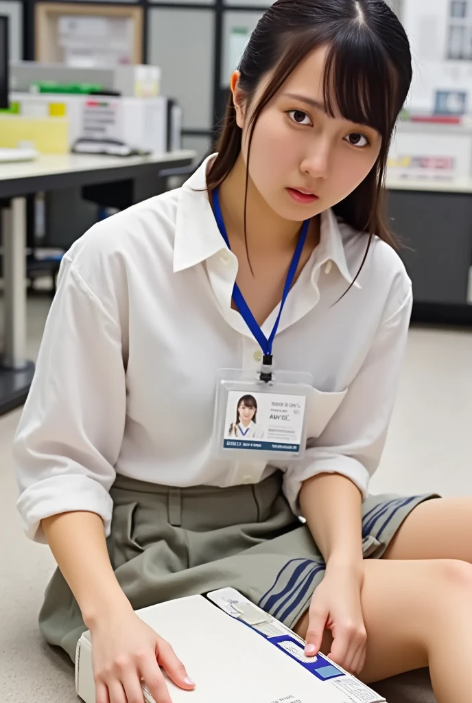 (RAW photo, real photo, high quality, masterpiece), 1 woman, Tamao, loosen shirt and skirt, work in office, taking up the A4 paper box from the floor, ID card shown her face