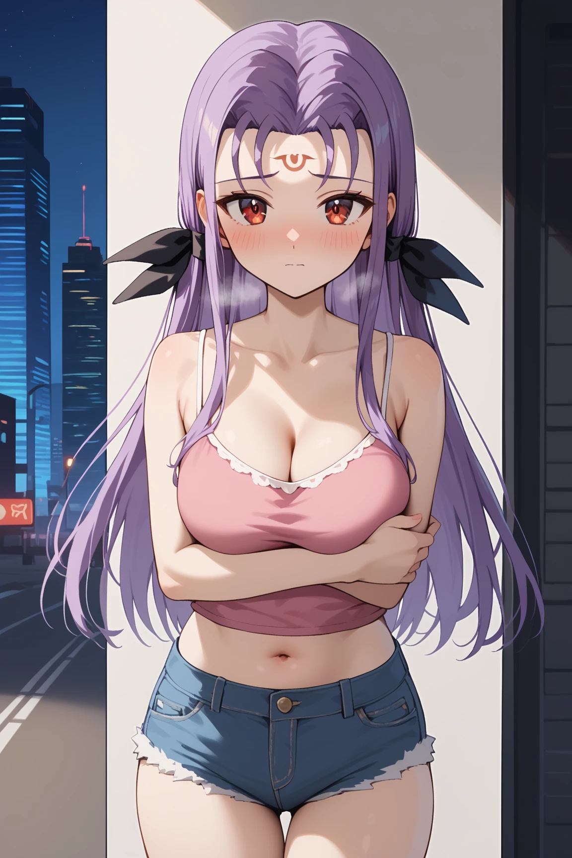 masterpiece,best quality,{{detailed beautiful face and eyes}}, 
Lutecia Alpine,long hair,purple hair,M-shaped bangs,hair ribbon,forehead,forehead mark,red eyes,medium breasts,
pink camisole, bare shoulders, cleavage, crop top, cutoffs, denim shorts, midriff, short shorts, spaghetti strap,
1woman,(is embarrassing,big blush,closed mouth,steam:1.0),
((standing,cowboy shot,looking at viewer,breast hold:1.2)),
(night city background:1.0),clothed