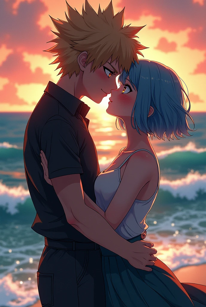 Masterpiece, anime, anime style, greatest anatomy, detailed anatomy, duo, two people, a boy and a girl.
a boy yellow hair, blue eyes, wear beach shirt, and white pants.
a girl light gray hair and eyes, black catgirl ears and pink inside, d cup tits size, wear black bra and panties and transparent shirt.
They standing at beach.