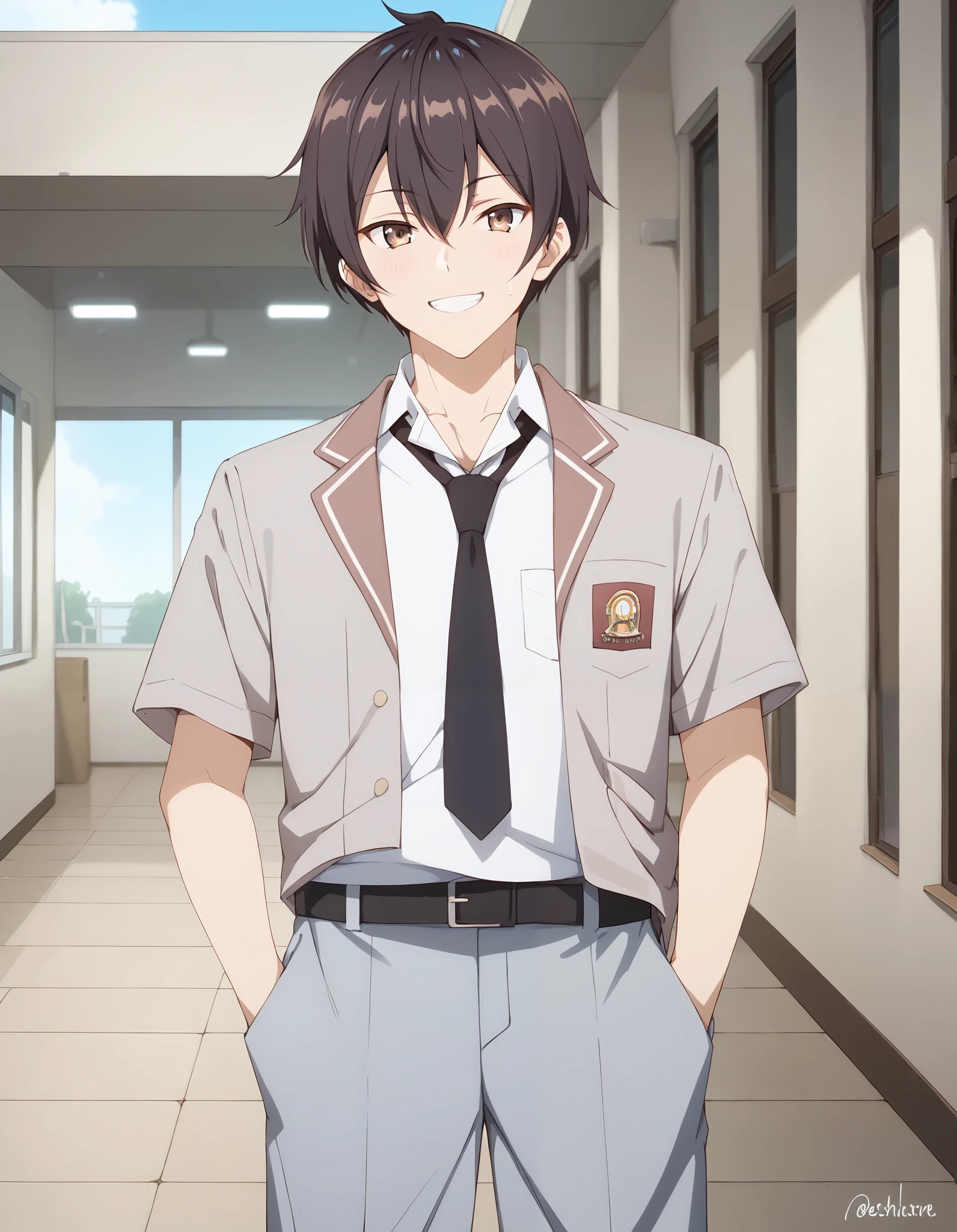 Masterpiece, hd, best quality,1boy, masachika kuze, short hair, brown hair, hair between eyes, brown eyes, Indonesia high school uniform, wearing white collared shirt, short sleeves, light blue trousers, long pants, light blue neck tie, pocket, school logo on pocket, wearing black belt, outdoor,  smile,  standing, cowboy shot