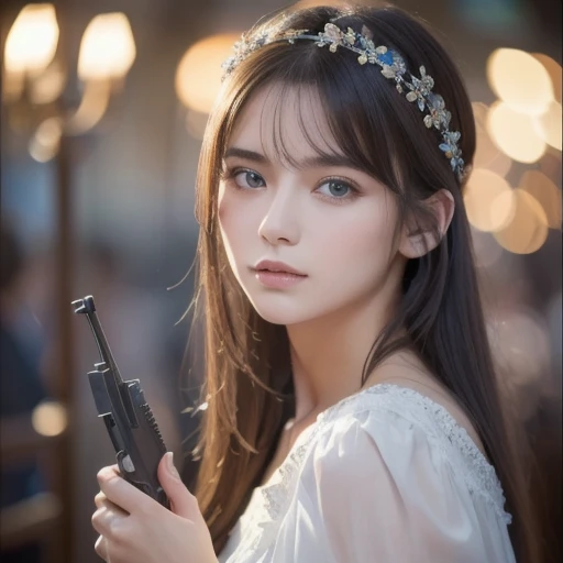 (8k,  top quality, masterpiece: 1.2), ( top quality: 1.0), ( ultra high definition: 1.0), watercolor,  beautiful women, (輝く瞳,  Blue Peoples with Handguns ),shoulder,  headband , Agnes Cecil,  Bust Portrait , Extremely bright design,  pastel color, autumn lights, Moody Gray,  rough style Alexey Savrasov, Ivan Shishkin,  Ilya Repin , (Card Retouching: 1.2), 2D, (oil: 1.2)  very detailed