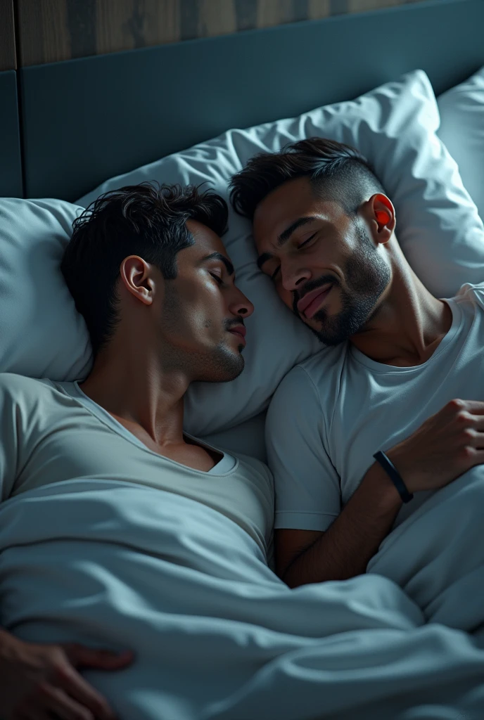 "Please create an image of a loving Brazilian couple lying on a bed. The image should be in vector format and use a palette of soft and neutral pastel colors. Ensure that the image fits within a 1-centimeter margin and that the couple's bodies, including legs, arms, and heads, are fully visible without flaws or cuts."