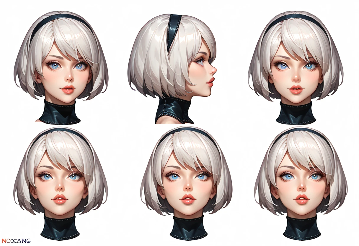 character sheet desing lady 2b from nier automata, only head. beauty face, perfect proportion, beauty, ultra detailed face. view: front view and (orthogonal side view) . (only head view) 3 views. beauty eyes. (((orthogonal views))), no perspetive only orthogonal views. straight head, orthogonal view. symmetry. only 3 views. front view, back view., side view, only orthogonal views. perfect orthogonal views. only front, side and back of her head, only head