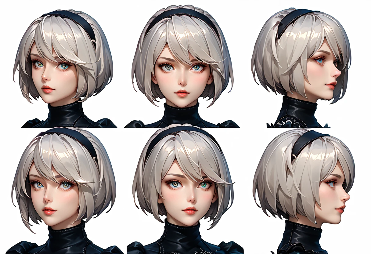 character sheet desing lady 2b from nier automata, only head. beauty face, perfect proportion, beauty, ultra detailed face. view: front view and (orthogonal side view) . (only head view) 3 views. beauty eyes. (((orthogonal views))), no perspetive only orthogonal views. straight head, orthogonal view. symmetry. only 3 views. front view, back view., side view, only orthogonal views. perfect orthogonal views. only front, side and back of her head, only head