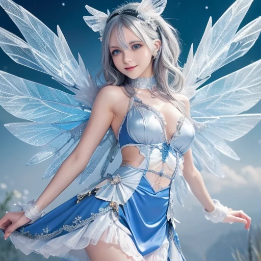 (8K、Live shooting、realistic:1.25)、1 girl、Tinkerbell looks like a 20 year old girl with a beautiful face、on top of an old castle、The moon is out、(silver hair、dance in the air:1.1)、fairy wings are transparent、whole body、luminous bikini swimsuit、lip gloss、Glossy skin、highest quality、ultra high resolution、