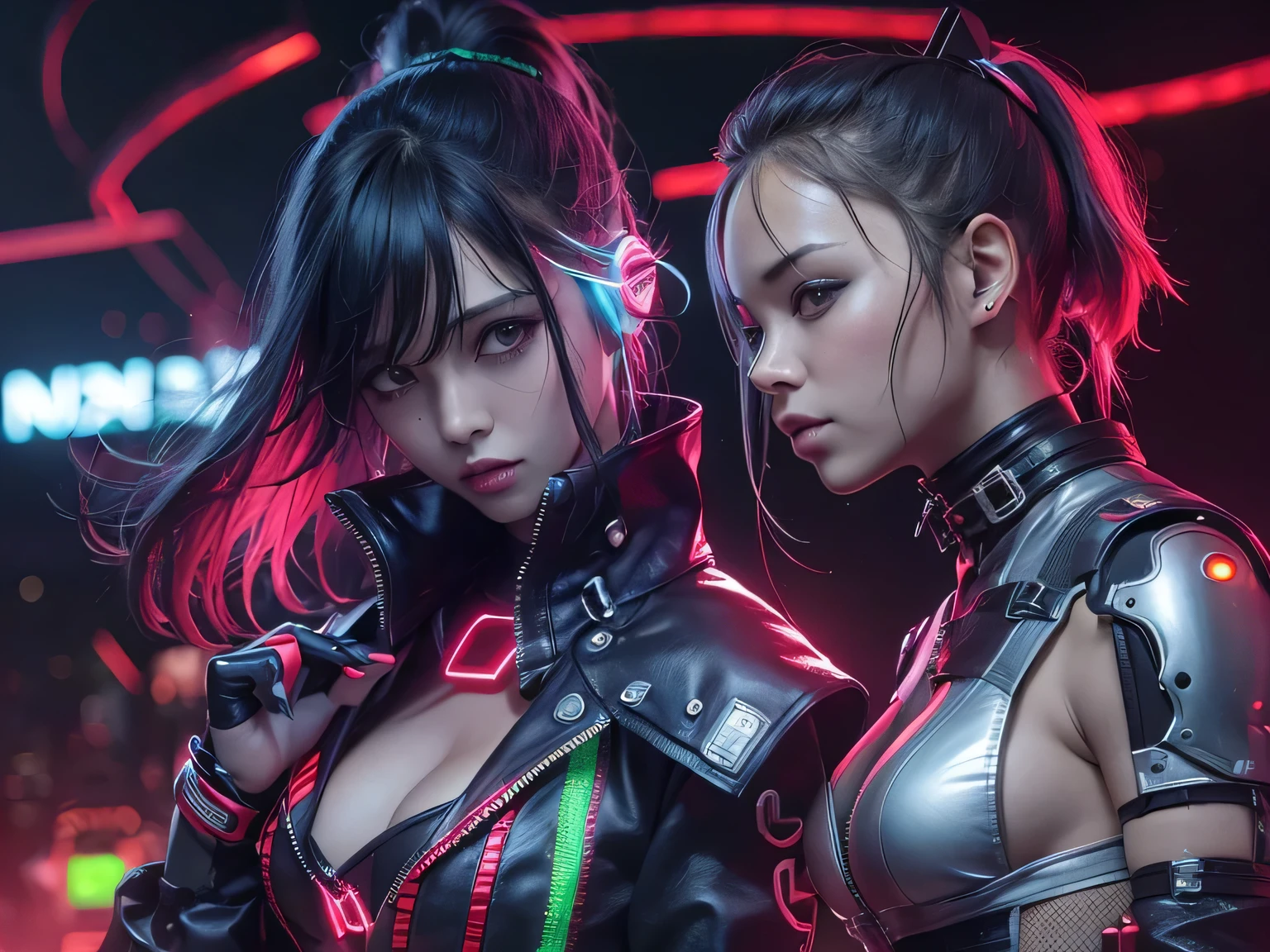 , touched body each other kiss, touching pussy, magnifique visage japonais, Multicolored lights, hair in the wind, Photographie de mannequin 8k, Contexte Cyberpunk City, la nuit, half the body, studio photoréaliste 8k, (gros sein:1,9), body tatouage,
