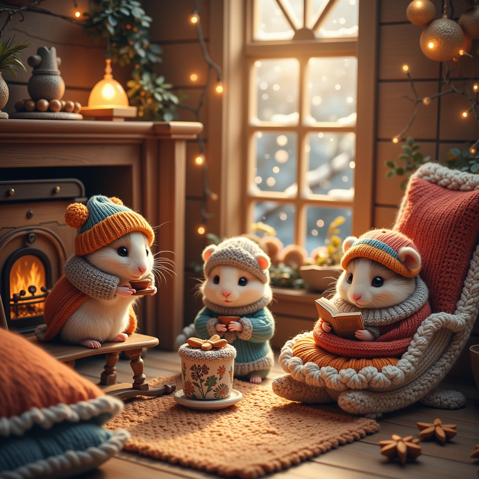 Imagine a delightful, heart-warming scene set in a small and cozy living room, tailored perfectly for adorable hamsters. The room is warmly lit with soft, golden light emanating from a small fireplace, casting charming shadows across a knitted rug. In this enchanting setting, several super cute hamsters, each wearing tiny, hand-knitted winter clothes in bright colors like red, blue, and green, are gathered. One hamster sits comfortably in a miniature rocking chair, wrapped in a tiny scarf and beanie, sipping from a delicate thimble filled with warm cocoa. Another hamster is snugly nestled inside a little hammock, wearing fuzzy earmuffs and reading a tiny book with immense concentration. An old-fashioned wooden radio plays gentle, merry tunes that fill the air with warmth. Outside frosted windows, you can see snow gently falling, adding to the serene and relaxing atmosphere. Hardwood floors and wooden furniture complete this picturesque scene, with colorful throw pillows scattered around for added comfort. The overall ambiance of this scene captures the essence of family warmth and the joy of a peaceful winter evening, inviting the viewer into a world where even the smallest creatures find joy and comfort in the simple pleasures of winter.
