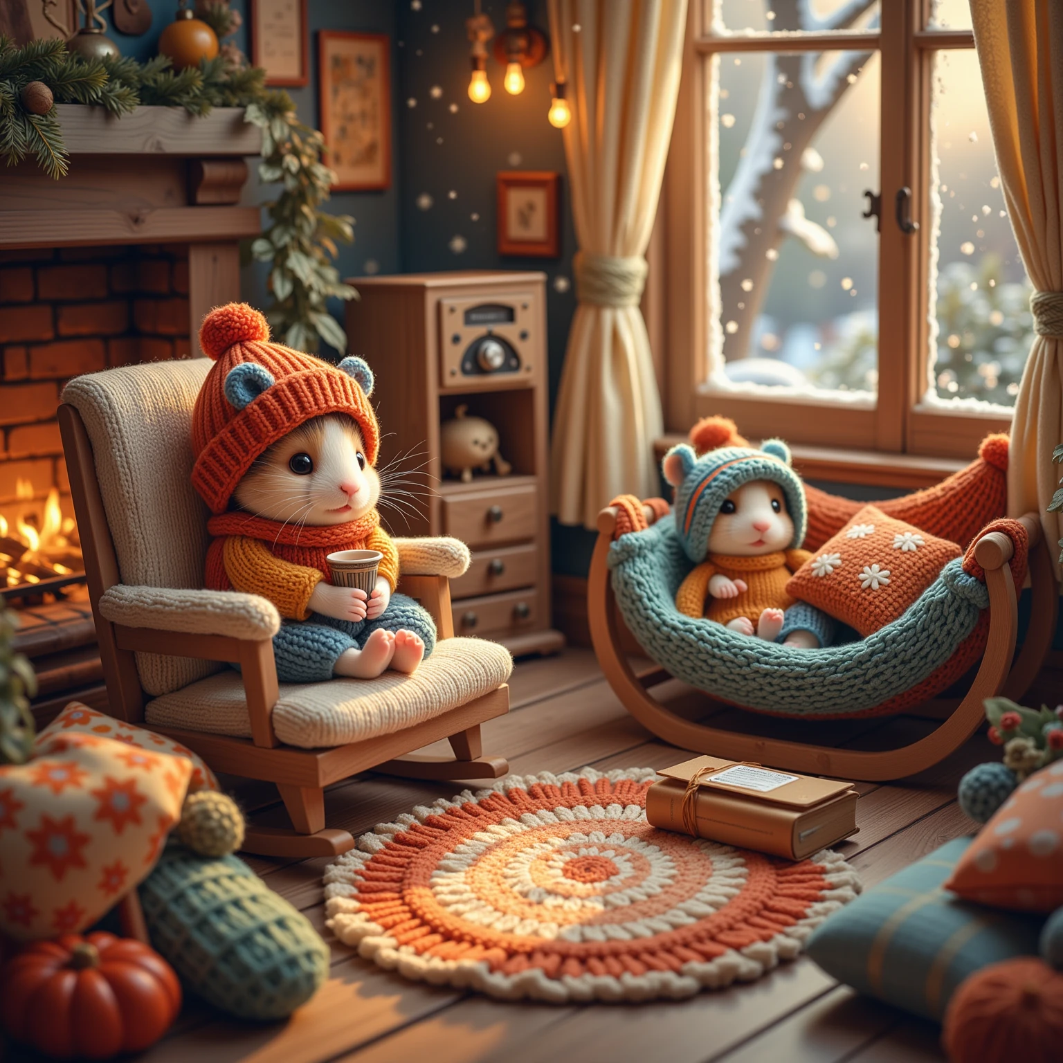 Imagine a delightful, heart-warming scene set in a small and cozy living room, tailored perfectly for adorable hamsters. The room is warmly lit with soft, golden light emanating from a small fireplace, casting charming shadows across a knitted rug. In this enchanting setting, several super cute hamsters, each wearing tiny, hand-knitted winter clothes in bright colors like red, blue, and green, are gathered. One hamster sits comfortably in a miniature rocking chair, wrapped in a tiny scarf and beanie, sipping from a delicate thimble filled with warm cocoa. Another hamster is snugly nestled inside a little hammock, wearing fuzzy earmuffs and reading a tiny book with immense concentration. An old-fashioned wooden radio plays gentle, merry tunes that fill the air with warmth. Outside frosted windows, you can see snow gently falling, adding to the serene and relaxing atmosphere. Hardwood floors and wooden furniture complete this picturesque scene, with colorful throw pillows scattered around for added comfort. The overall ambiance of this scene captures the essence of family warmth and the joy of a peaceful winter evening, inviting the viewer into a world where even the smallest creatures find joy and comfort in the simple pleasures of winter.
