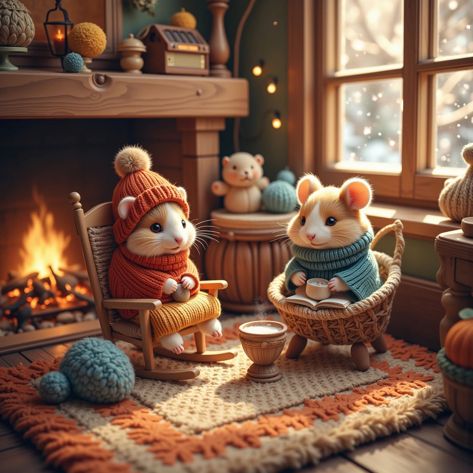 Imagine a delightful, heart-warming scene set in a small and cozy living room, tailored perfectly for adorable hamsters. The room is warmly lit with soft, golden light emanating from a small fireplace, casting charming shadows across a knitted rug. In this enchanting setting, several super cute hamsters, each wearing tiny, hand-knitted winter clothes in bright colors like red, blue, and green, are gathered. One hamster sits comfortably in a miniature rocking chair, wrapped in a tiny scarf and beanie, sipping from a delicate thimble filled with warm cocoa. Another hamster is snugly nestled inside a little hammock, wearing fuzzy earmuffs and reading a tiny book with immense concentration. An old-fashioned wooden radio plays gentle, merry tunes that fill the air with warmth. Outside frosted windows, you can see snow gently falling, adding to the serene and relaxing atmosphere. Hardwood floors and wooden furniture complete this picturesque scene, with colorful throw pillows scattered around for added comfort. The overall ambiance of this scene captures the essence of family warmth and the joy of a peaceful winter evening, inviting the viewer into a world where even the smallest creatures find joy and comfort in the simple pleasures of winter.
