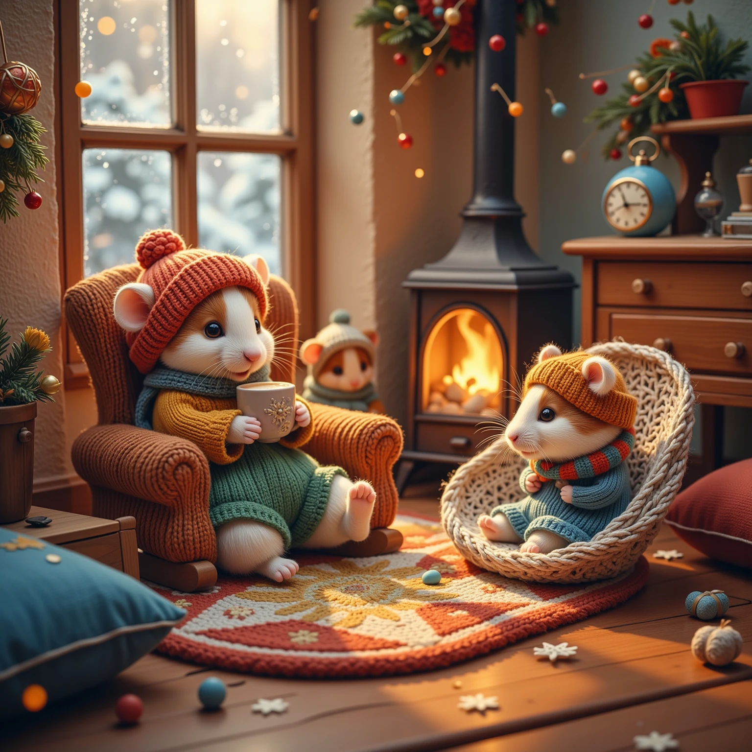 Imagine a delightful, heart-warming scene set in a small and cozy living room, tailored perfectly for adorable hamsters. The room is warmly lit with soft, golden light emanating from a small fireplace, casting charming shadows across a knitted rug. In this enchanting setting, several super cute hamsters, each wearing tiny, hand-knitted winter clothes in bright colors like red, blue, and green, are gathered. One hamster sits comfortably in a miniature rocking chair, wrapped in a tiny scarf and beanie, sipping from a delicate thimble filled with warm cocoa. Another hamster is snugly nestled inside a little hammock, wearing fuzzy earmuffs and reading a tiny book with immense concentration. An old-fashioned wooden radio plays gentle, merry tunes that fill the air with warmth. Outside frosted windows, you can see snow gently falling, adding to the serene and relaxing atmosphere. Hardwood floors and wooden furniture complete this picturesque scene, with colorful throw pillows scattered around for added comfort. The overall ambiance of this scene captures the essence of family warmth and the joy of a peaceful winter evening, inviting the viewer into a world where even the smallest creatures find joy and comfort in the simple pleasures of winter.
