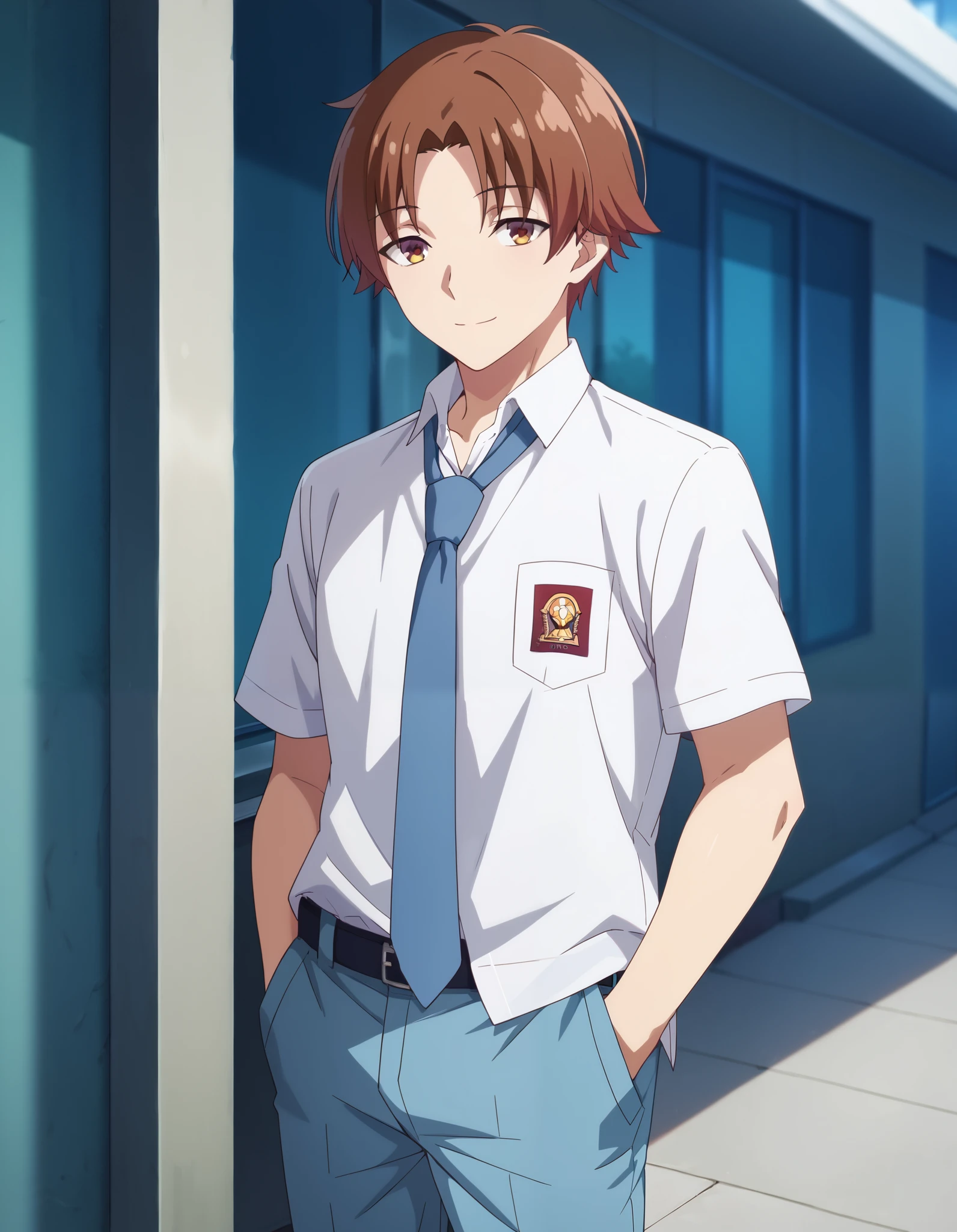 Masterpiece, hd, best quality,1boy, kiyotaka_ayanokouji, brown hair, brown eyes, short hair, bangs, parted bangs, Indonesia high school uniform, wearing white collared shirt, short sleeves, light blue trousers, long pants, light blue neck tie, pocket, school logo on pocket, wearing black belt, outdoor, smile, standing, cowboy shot