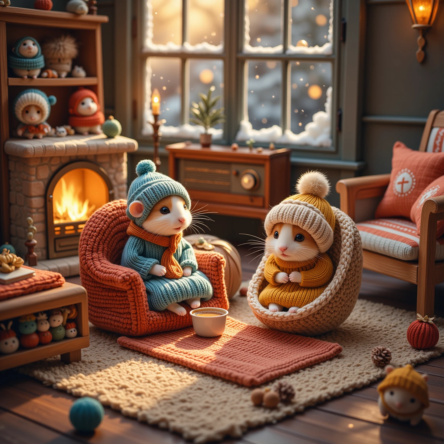 Imagine a delightful, heart-warming scene set in a small and cozy living room, tailored perfectly for adorable hamsters. The room is warmly lit with soft, golden light emanating from a small fireplace, casting charming shadows across a knitted rug. In this enchanting setting, several super cute hamsters, each wearing tiny, hand-knitted winter clothes in bright colors like red, blue, and green, are gathered. One hamster sits comfortably in a miniature rocking chair, wrapped in a tiny scarf and beanie, sipping from a delicate thimble filled with warm cocoa. Another hamster is snugly nestled inside a little hammock, wearing fuzzy earmuffs and reading a tiny book with immense concentration. An old-fashioned wooden radio plays gentle, merry tunes that fill the air with warmth. Outside frosted windows, you can see snow gently falling, adding to the serene and relaxing atmosphere. Hardwood floors and wooden furniture complete this picturesque scene, with colorful throw pillows scattered around for added comfort. The overall ambiance of this scene captures the essence of family warmth and the joy of a peaceful winter evening, inviting the viewer into a world where even the smallest creatures find joy and comfort in the simple pleasures of winter.
