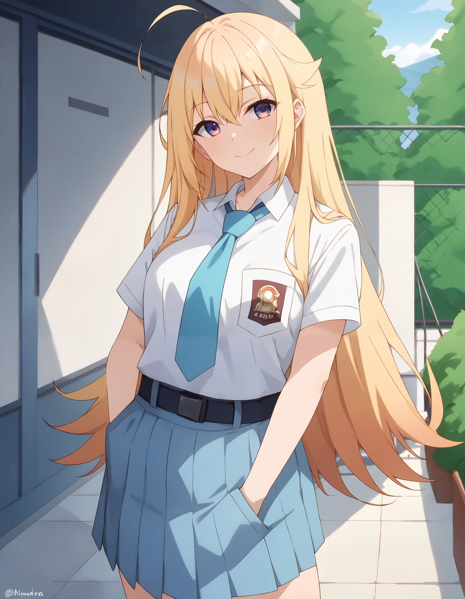 Masterpiece, hd, best quality, closed mouth, light smile, light blush, long hair, ctiank0shi, blonde hair, ahoge,  Indonesia high school uniform, wearing white collared shirt, short sleeves, light blue skirt, pleated skirt, light blue neck tie, pocket, school logo on pocket, wearing black belt, outdoor,  smile,  standing, cowboy shot