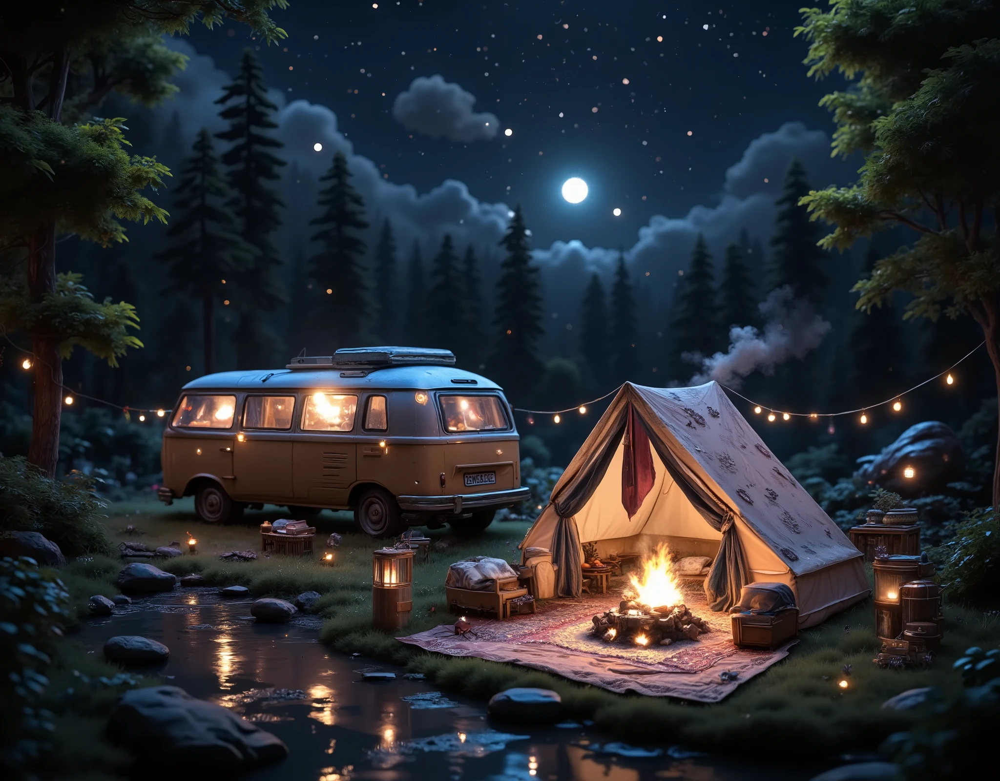 1.background: 깊고 신비한 night하늘이 background을 차지하고, , and the stars are shining all over the sky . It crosses the sky while drawing a smooth trajectory. .
2. Camping Setup : 예쁜 인디언 tent가 세워져 있고, tent 주변에는 아늑한 동그란 알전구 장식이 걸려 있어 따뜻한 느낌을 더해줍니다. tent 옆에는 작은 가랜드가 바람에 살랑거리는 모습도 표현됩니다.
3. bonfire : tent 앞에는 아늑한 bonfire 이 타오르고, The flame has a warm orange color and warms the surrounding air . bonfire 근처에는 캠핑 의자와 소파가 놓여 있어 여유로운 분위기를 연출합니다.
4.Camper : tent 한쪽에 레트로 느낌이 나는 Camper 가 background에 자리잡고 있어요. Camper 의 창문에서 부드러운 빛이 새어 나오고, There are small decorative lights hanging around the .
5. Natural Elements : 주변엔 부드럽게 흐르는 작은 시내와 숲 속의 Trees이 보이며, moonlight shines softly through the leaves. . Ultra HD, masterpiece, Award-winning quality , high resolution , 8k, High Details , outdoor camping, camper van, Camp , tent, A crowd having fun by the campfire , lake, Trees, night, 별이 빛나는 night하늘, amazing view