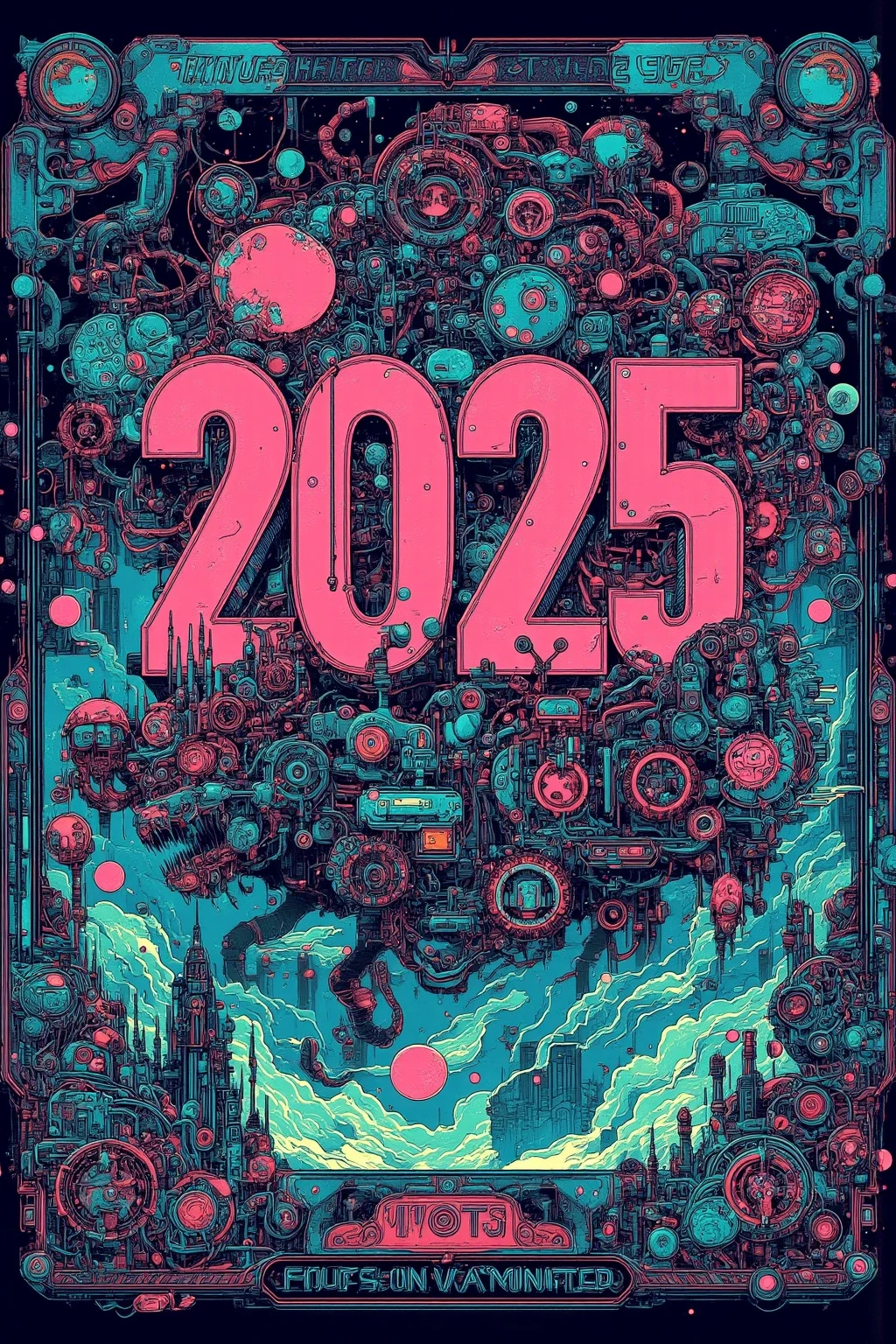 "2025  happy new year" Posters Celebrating the New Year with , Design Combining Past and Future , Retrofuturism , Letters as Headlines {x} Geometric and colorful designs that reinterpret 1980s elements in a modern way,Future Dusk , Transcendent Pink ,  Dynamic Typography , Gradients and Metallic Effects on Posters , Reed Glass-like Transparency 