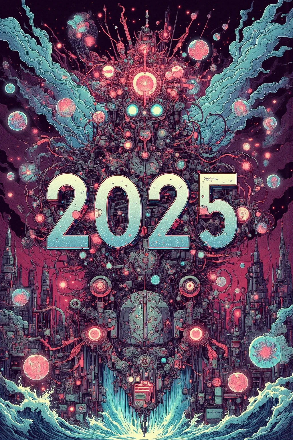 "2025  happy new year" Posters Celebrating the New Year with , Design Combining Past and Future , Retrofuturism , Letters as Headlines {x} Geometric and colorful designs that reinterpret 1980s elements in a modern way,Future Dusk , Transcendent Pink ,  Dynamic Typography , Gradients and Metallic Effects on Posters , Reed Glass-like Transparency 