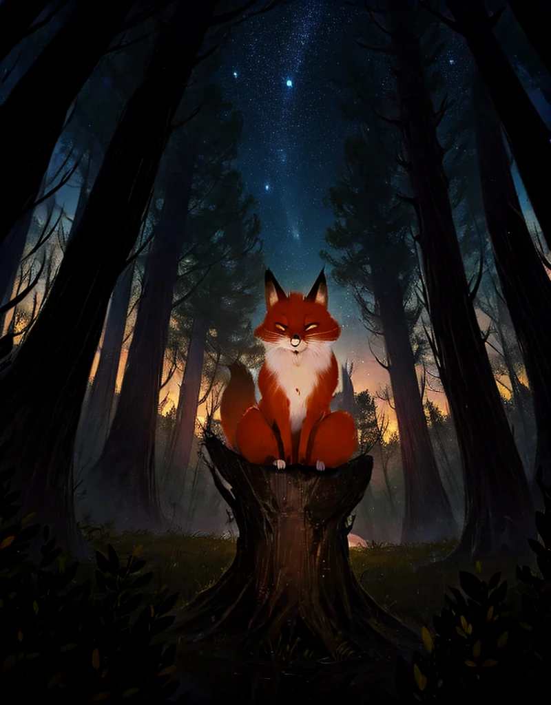 The fox looking up at the night sky through the trees in a dark forest. Stars are reflected in his big eyes.