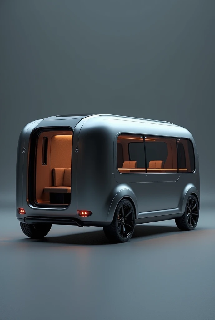 a modern sleek futuristic campervan, solid neutral background, smooth metallic surfaces, advanced technology, subtle lighting, minimalist interior design, high-quality photorealistic 8k, cinematic composition, dramatic lighting, muted color palette
