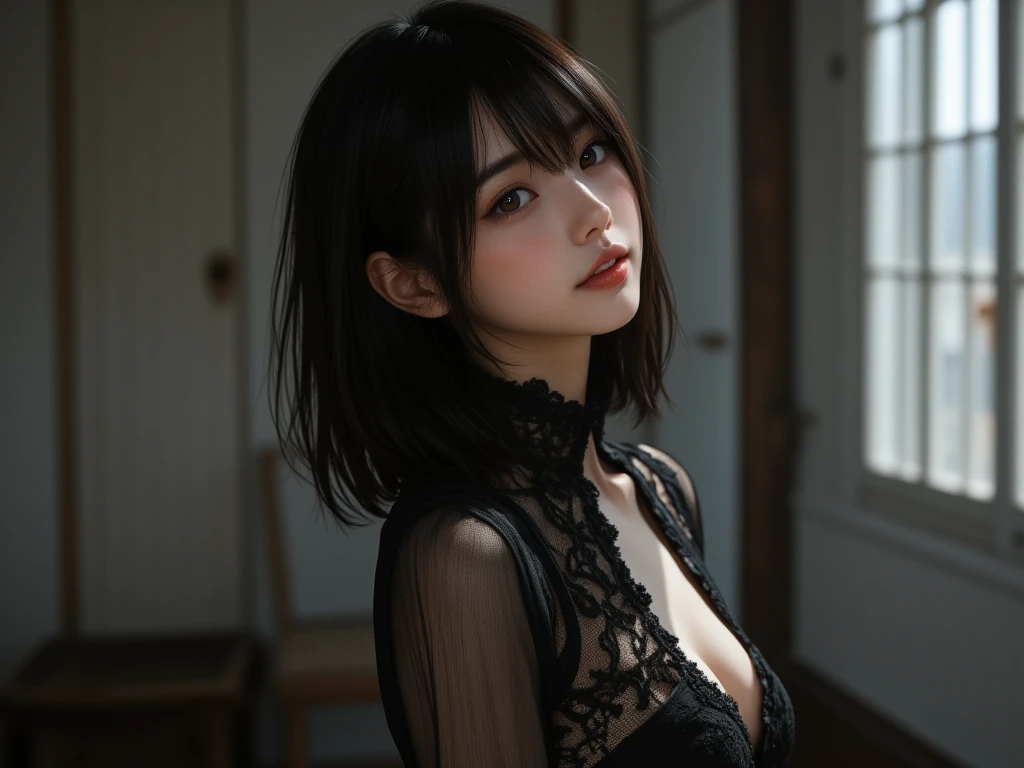 (masterpiece, 最 High Quality :1.2), 1 girl, Long Black Dress with Open Back , lip gloss, stockings,compensate, bimbo, dynamic ballroom dancing shots, (the above: 1.0), close-upフォトリアリズム, noir,最 High Quality , very detailed, One Girl , bright window light ,Minimalist Room,Soft Shadows, a mystical atmosphere , show me a beautifully detailed portrait , SHORT BOB HAIRCUTS , medium breasts, messy hair , Show me a beautiful detailed portrait , High Quality , 8k, Photorealistic , very detailed, Dramatic lighting, bright color , (最 High Quality ), ( ULTRA DETAIL), ( best illustration), ( best shadow), ( absurd),、 ulzzang-6500-v1 .1, ( RAW photo :1.2), ( Photorealistic :1.4), girl with beautiful details , Backless Dress Designs , dark gothic , Shining Dark Eyes , Delicately Detailed Black Lace Dress , Backless Dress Designs , Realistic Flowing Fabric , Translucent Sheer Sleeves , Delicate lace pattern, Realistic Fabric Reflections , The folds and wrinkles of the dress are highlighted by lighting, dark gothic and mysterious mood,
