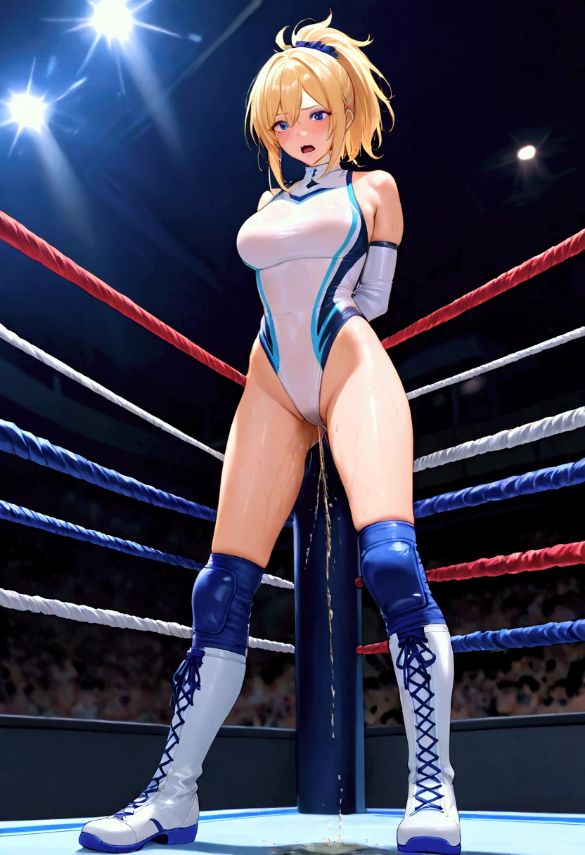 ((((masterpiece)))), ((  unity 8k wallpaper ,  Photorealistic  , ((  detailed face  )),  Female Pro Wrestler with Floating Legs,Umezaki Haruka  ,Frightened face,, Ponytail, scrunchies, pure white leotard ,Elbow guard,  leg protector  ,  pro wrestling 3 ropes are strung on all sides, standing across the top of 3 ropes strung,Crotch torture using pro wrestling top rope, Floating Legs ,Agony Girl ,A stretched rope can be applied to the vagina,The rope penetrates deep into the vagina,Disgusting secretions sticking to ropes , pee,Professional wrestling venue,Spectators