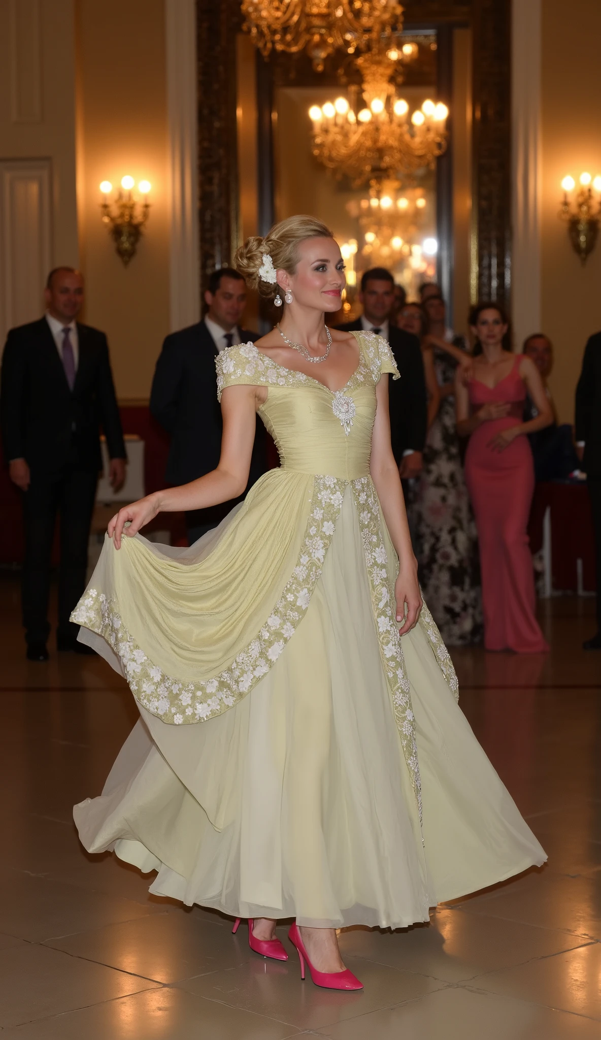 Phot graphic ,Front view, full body,  standing  pose, looking at viewer ,1 woman Dian Kruger dancing the Viennese Waltz in 1936 Austria,woman is (golden hair, chignon, flower hair pin, pearl earring and neckless, smile), (light White dressed in an exquisite ball gown with flower embroidery, shoulder-less, pink hi-heal),  in 1936 Austria palace, night , chandelier lighting ,    (super detail, high details, high quality, accurate, anatomically correct, textured skin, beautiful fingers super detail, high details, high quality, best quality)