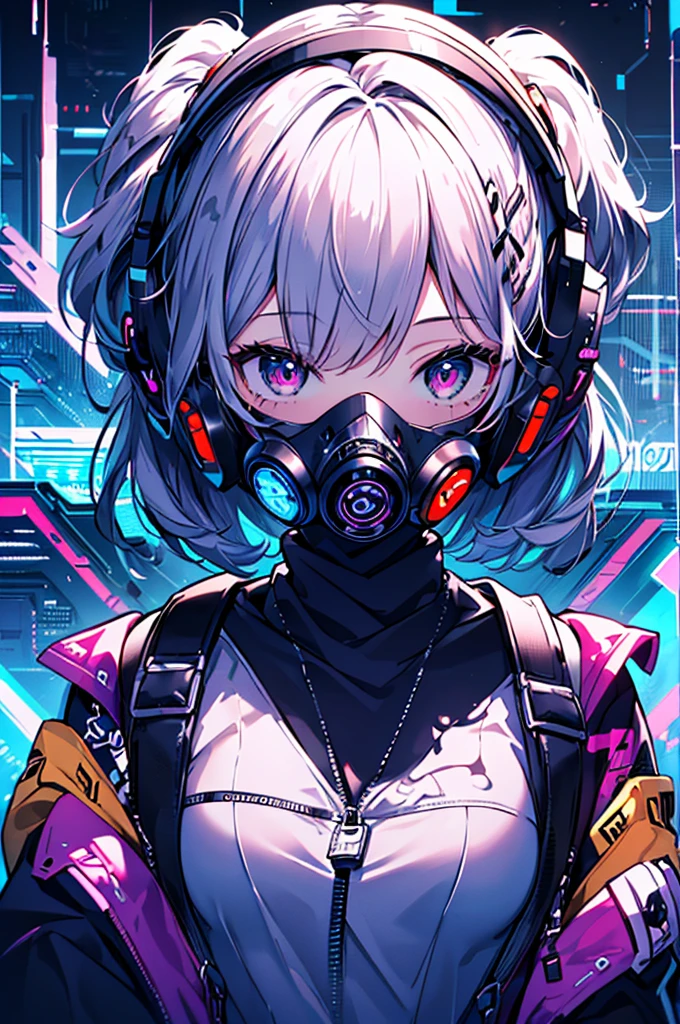 1girl,(((Highest quality、Masterpiece、Official Art、The best dynamic composition、Super detailed、Anime Style、cyber punk)))、profile、Face close-up、gas mask、Futuristic neon geometric background、