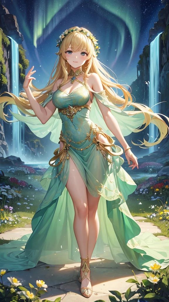 A graceful elf girl stands in a meadow, her delicate features illuminated by the soft light of the setting sun. Her long, flowing hair cascades down her back, adorned with intricate braids and adorned with sparkling jewels. This stunning painting captures the ethereal beauty of elves. Her slender figure in a silk dress sways in the soft meadow breeze. The artist's attention to detail is evident in the intricate patterns of her dress and the subtle highlights of her luminescence. skin. This breathtaking depiction of an elf girl exudes a sense of enchantment and transports the viewer to a magical world. The beautiful elf magician is awe-inspiring as she holds a magician's staff, uses fireball magic, and is about to defeat the Demon King with explosion magic., If you pull up your skirt, you can see your see-through panties and it will be embarrassing.
