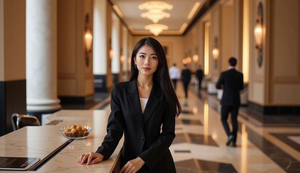 {
  "prompt": "A full-body view of an exceptionally stunning Asian female student interning at a prestigious hotel. She has radiant, flawless skin, mesmerizing almond-shaped eyes with long lashes, a delicately sculpted nose, and perfectly shaped lips. Her silky, jet-black hair cascades gracefully down her shoulders. Dressed in an impeccably tailored and stylish professional uniform, she stands confidently behind the luxurious front desk, assisting a well-dressed guest with a charming and welcoming smile. Her graceful posture and poise exude elegance. The hotel lobby is grand and opulent, featuring gleaming marble floors, towering columns, magnificent chandeliers, and plush furnishings. Other guests and staff move subtly in the background, adding vibrancy to the scene, while warm lighting highlights her exceptional beauty and the sophisticated ambiance."
}