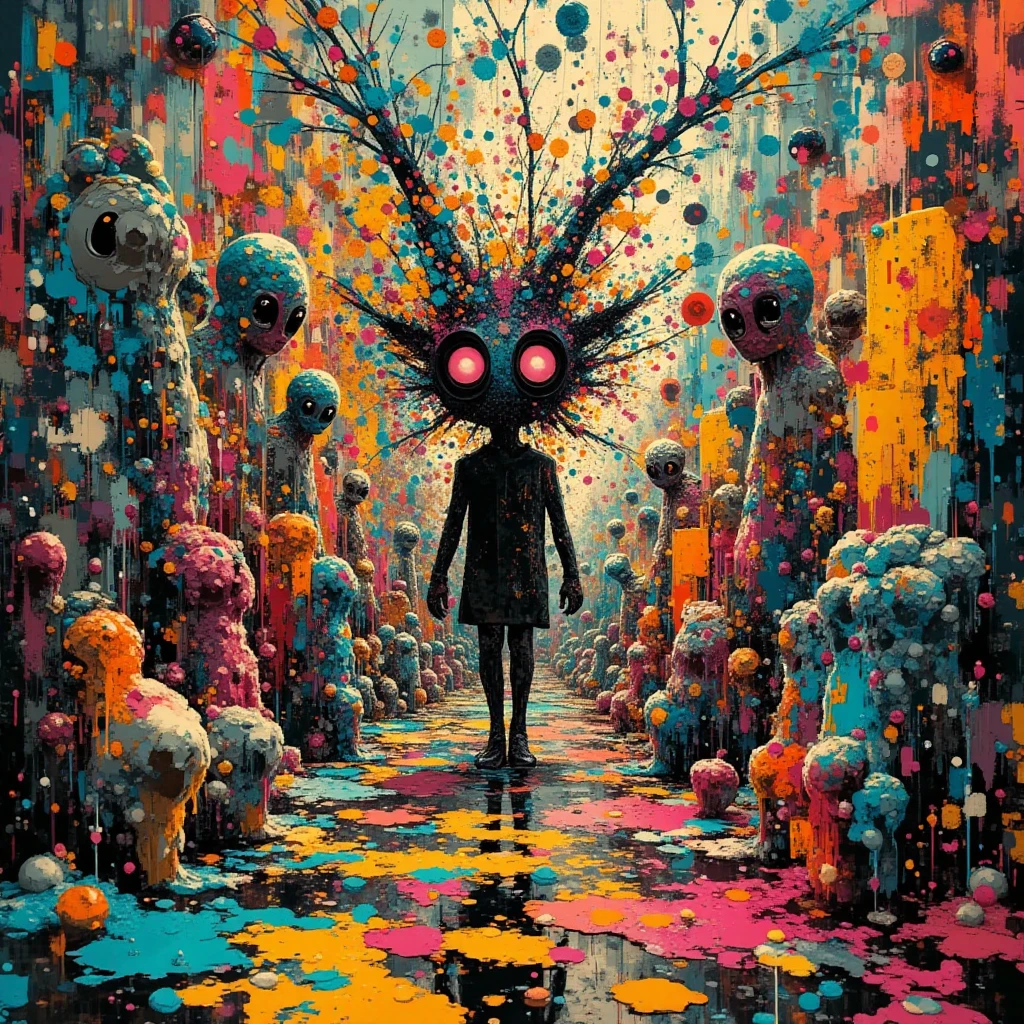 anarchy of colors, melting forms, pixel overflow, visual noise everywhere, broken symmetry, excessive textures, disconnected shapes