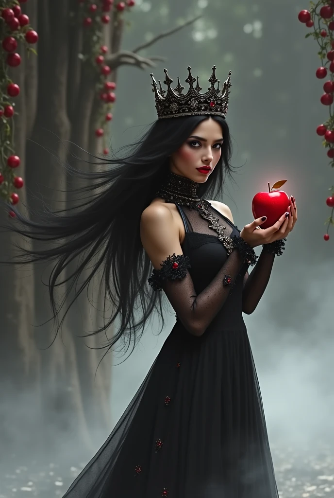 girl ,Long black hair,Black Queen ,accessories, Holding an Apple ,Poisoned Apple, Witch Queen,Red lipstick