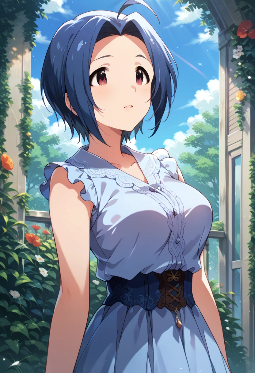 miura azusa、murazs, short hair, blue hair, ahoge, brown eyes, red eyes, large breasts,