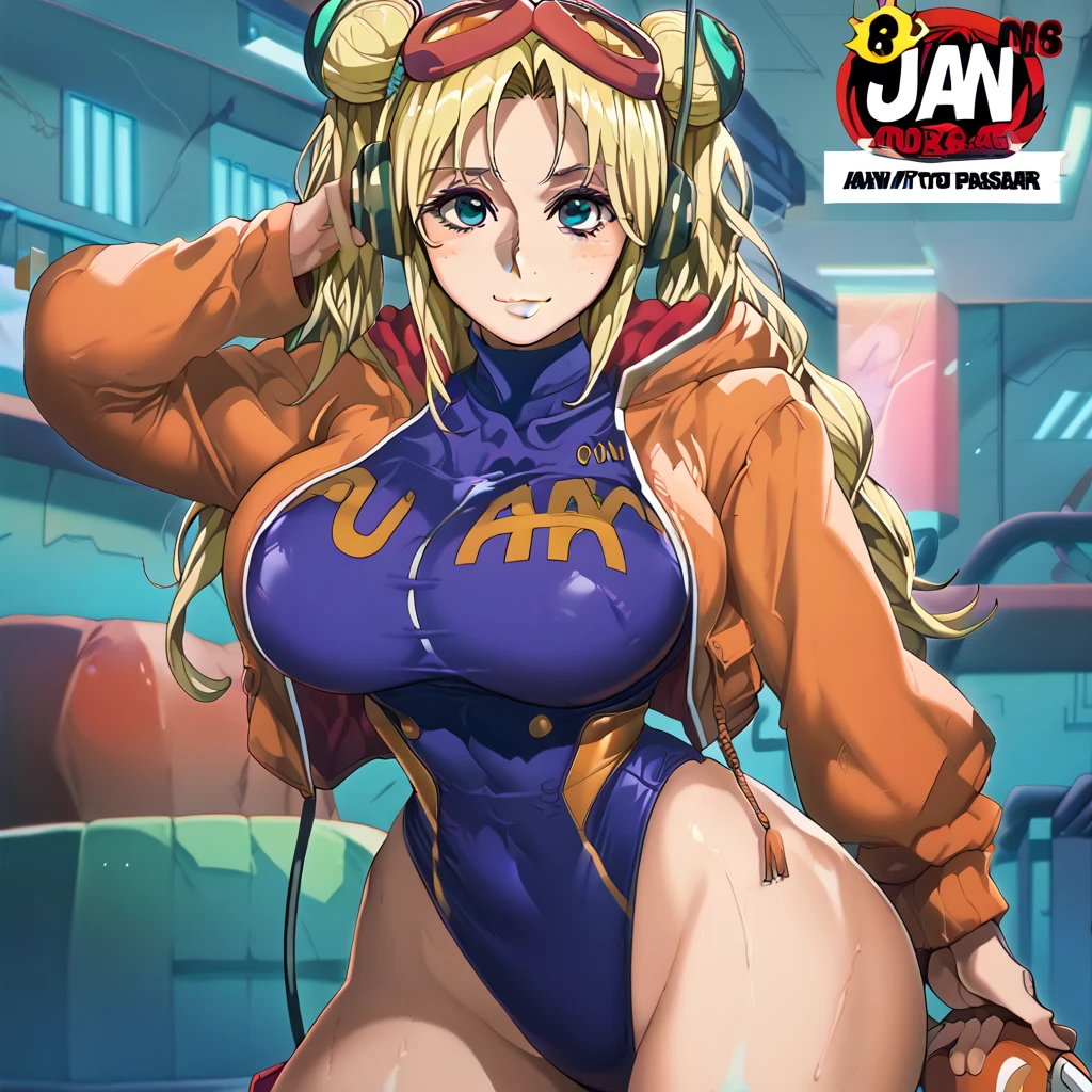 score_9, score_8_up, score_7_up, score_6_up, score_5_up, score_4_up, 1girl, blonde hair, long hair, double bun, headphones, aqua eyes, freckles, large breasts, narrow waist, wide hips, looking at viewer, high quality, masterpiece,  looking over at viewer, posing, modeling, JAV PHOTOSHOOT, JAV MAGAZINE, JAV COVER, JAV PORNO, JAV ADULT VIDEO, JAV ADULT PORNO COVER, JAPANESE PORNOColourful and pop magazine covers,(cute)