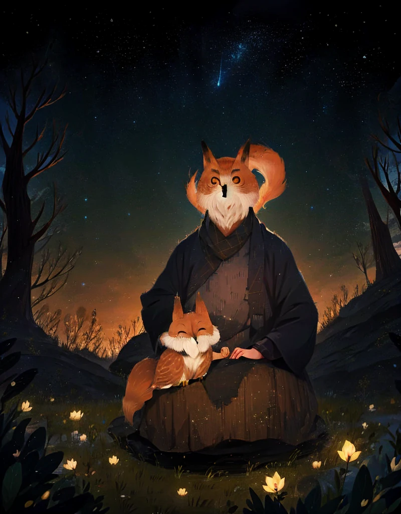 Grandma Owl and The fox listening intently. Constellation drawings are around them.