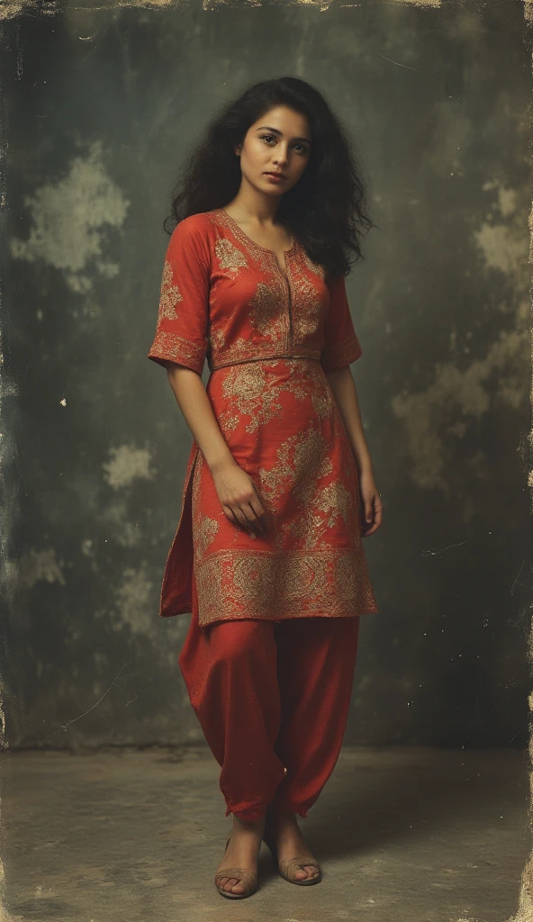 A tall muscular bodybuilder woman with black hair stands straight, displaying a flirtatious expression. She is dressed in a Punjabi-style kurti made of very high-shine, pure soft silky satin fabric, featuring ensemble crafted from liberty print design work.The round-neck kurti has exaggerated puffy shoulders, adding dramatic flair, and fitting 3/4 sleeves for an elegant touch. Paired with a lame fabric dhoti-style shalwar, the look is completed with high heels that accentuate her poised stance, exuding sophistication and allure.