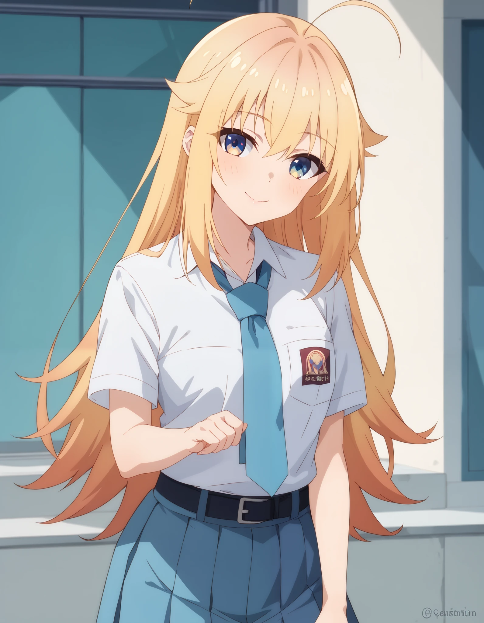 Masterpiece, hd, best quality, closed mouth, light smile, light blush, long hair, koshitan, blonde hair, ahoge, Indonesia high school uniform, wearing white collared shirt, short sleeves, light blue skirt, pleated skirt, light blue neck tie, pocket, school logo on pocket, wearing black belt, outdoor, smile, standing, cowboy shot
