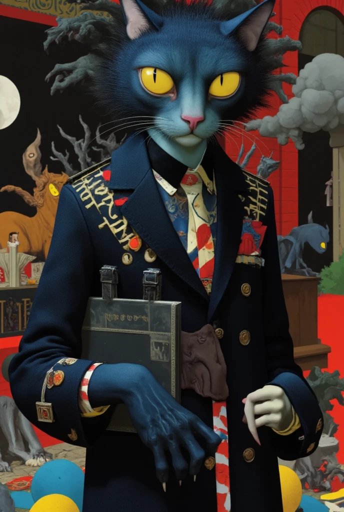 ( view Countertop )  illustration of an anthropomorphic cat with dark blue fur,  with big yellow eyes ,  wearing a trench coat from the nineties  (punk clothes),  challenging look ,  punk trench coat from the 90s . " anthropomorphic cat with punk trench coat ". (punk 90s ) (esotericism) (Catholic punk ). inspired by Tim Biskup, Adobe Illustrator Art,  in the style of digital illustration, Created in Adobe Illustrator, Behance vector hd ,, Fabulous Illustrations,, Occultism.  A beautiful artistic illustration  (( ultra detailed)) (8K)